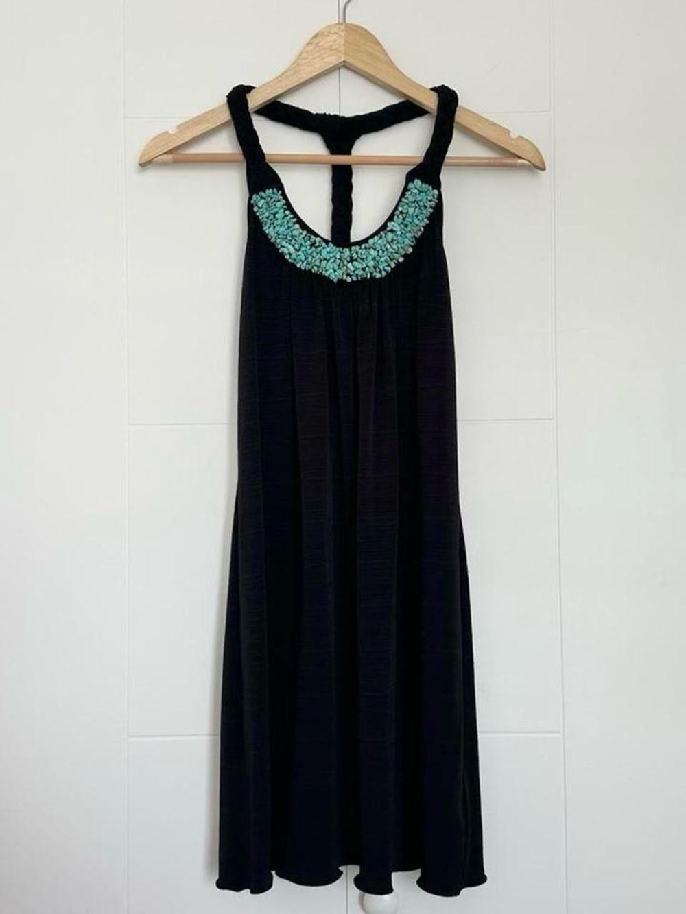Boho western black mini dress with turquoise stone detailing